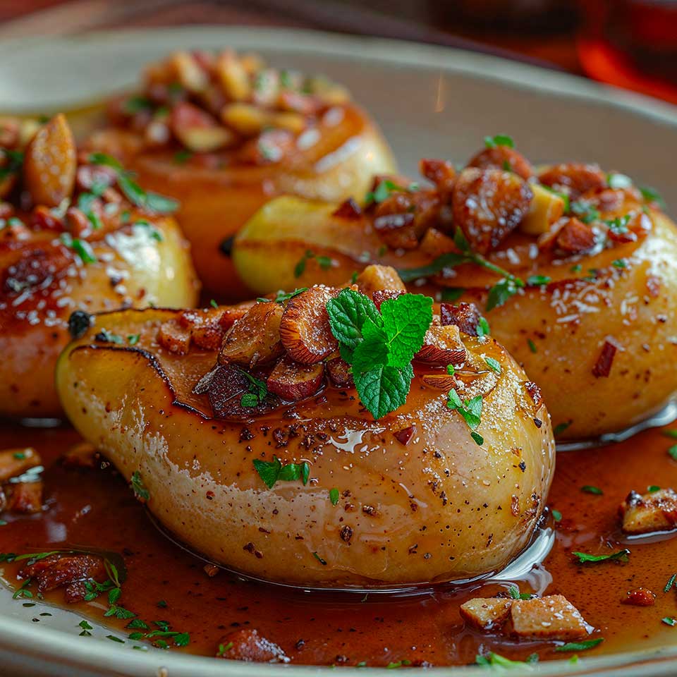 Pears Flambéed with Maple Syrup and Toasted Almonds - Maison Marmite