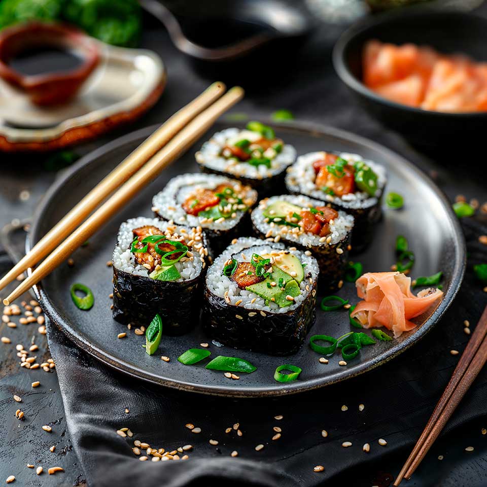 Sushi Rolls with Caramelized Shiitake and Peanut Butter Sauce - Maison Marmite