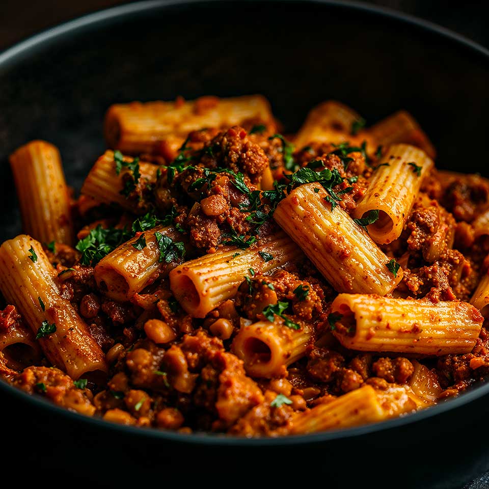 Rigatoni with Lentil and Red Wine Ragù - Maison Marmite