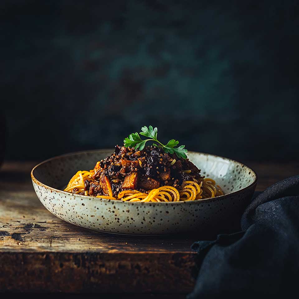 Spaghetti alla Bolognese (with textured soy protein) - Maison Marmite